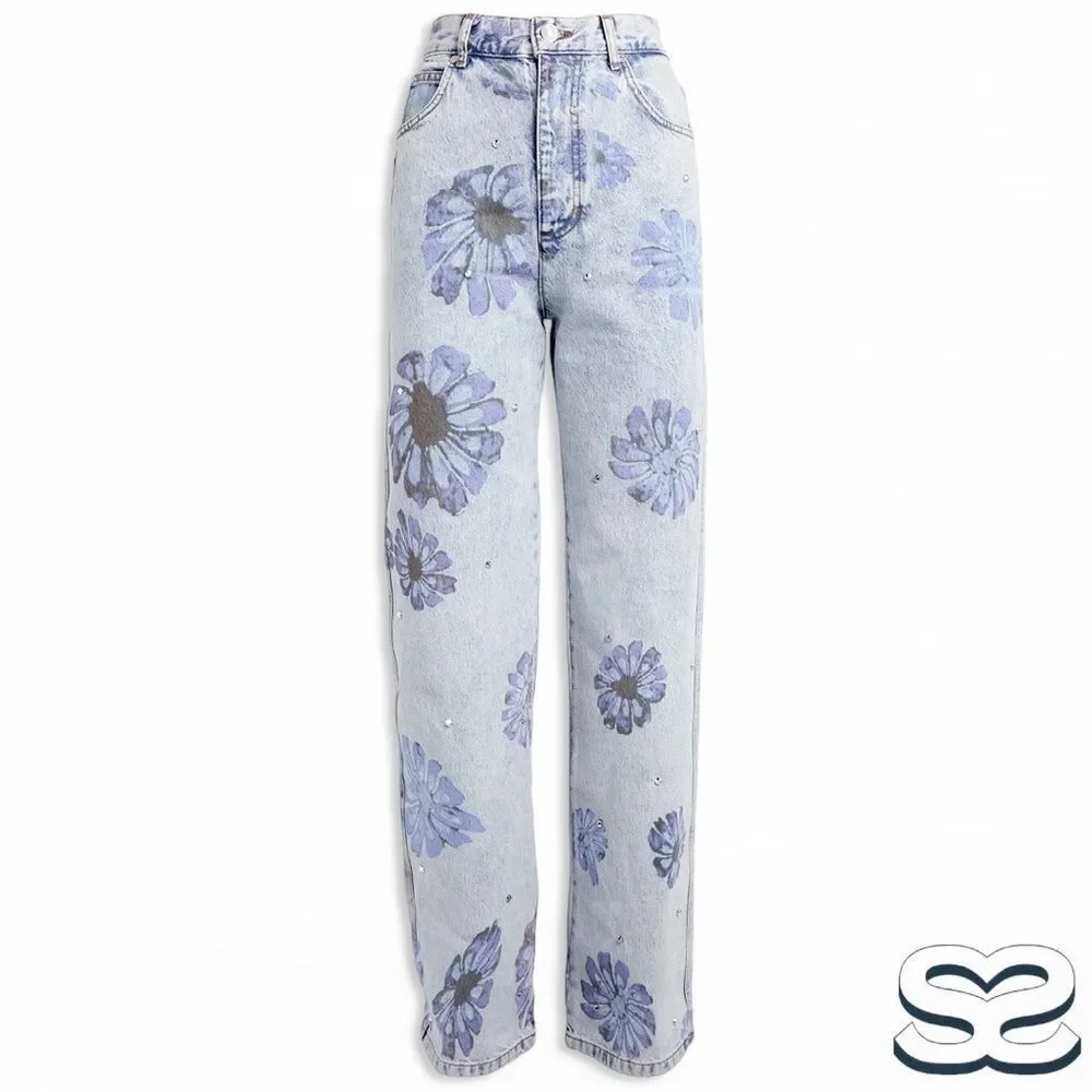 Sandro **NWT** Blossom Floral Print Rhinestone Straight Jeans in Blue Je… - Picture 13 of 15